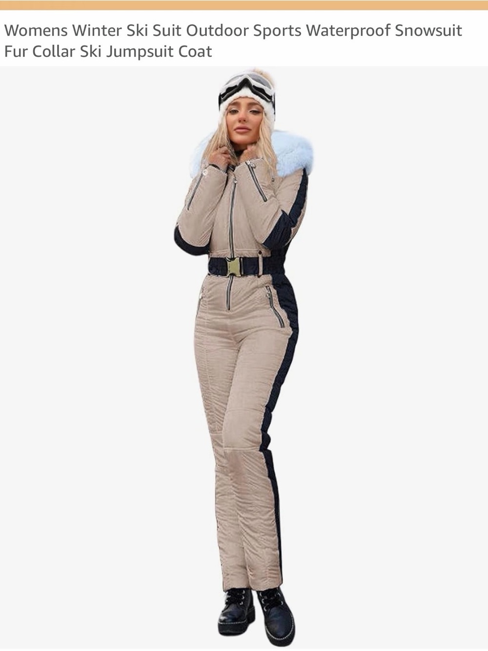 Beige & Black Women’s Fur-Collar Ski Jumpsuit